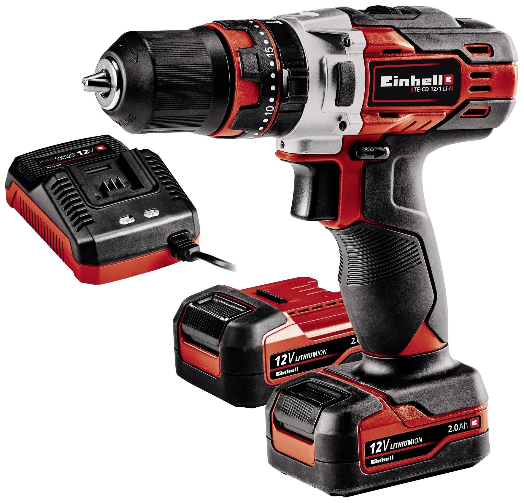 Cordless Drill Set with two 12V Lithium-Ion Batteries and Charger, red and black design, suitable for DIY projects.