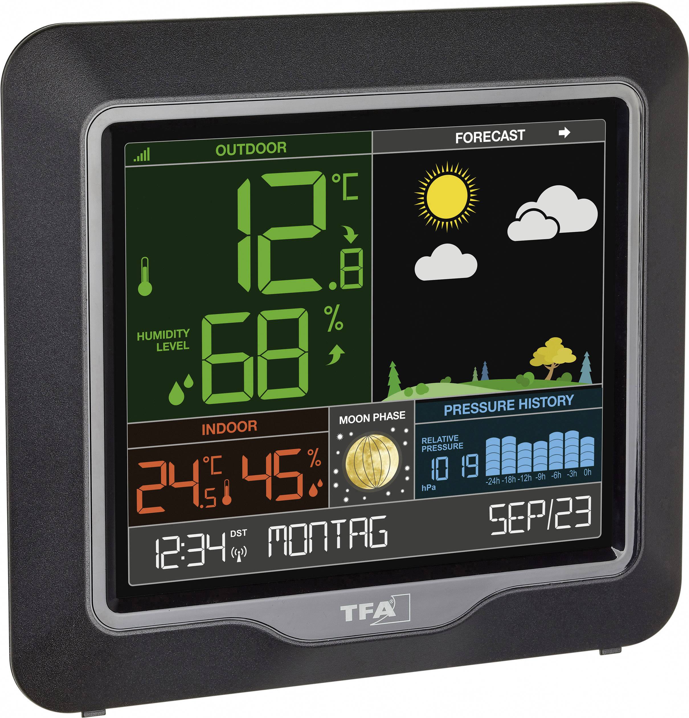 Digital weather display shows: Outdoor 12°C, 68% humidity; Indoor 24.5°C, 45%. Weather forecast: Sunny. Lunar phase and air pressure trend. Date: 5th September.