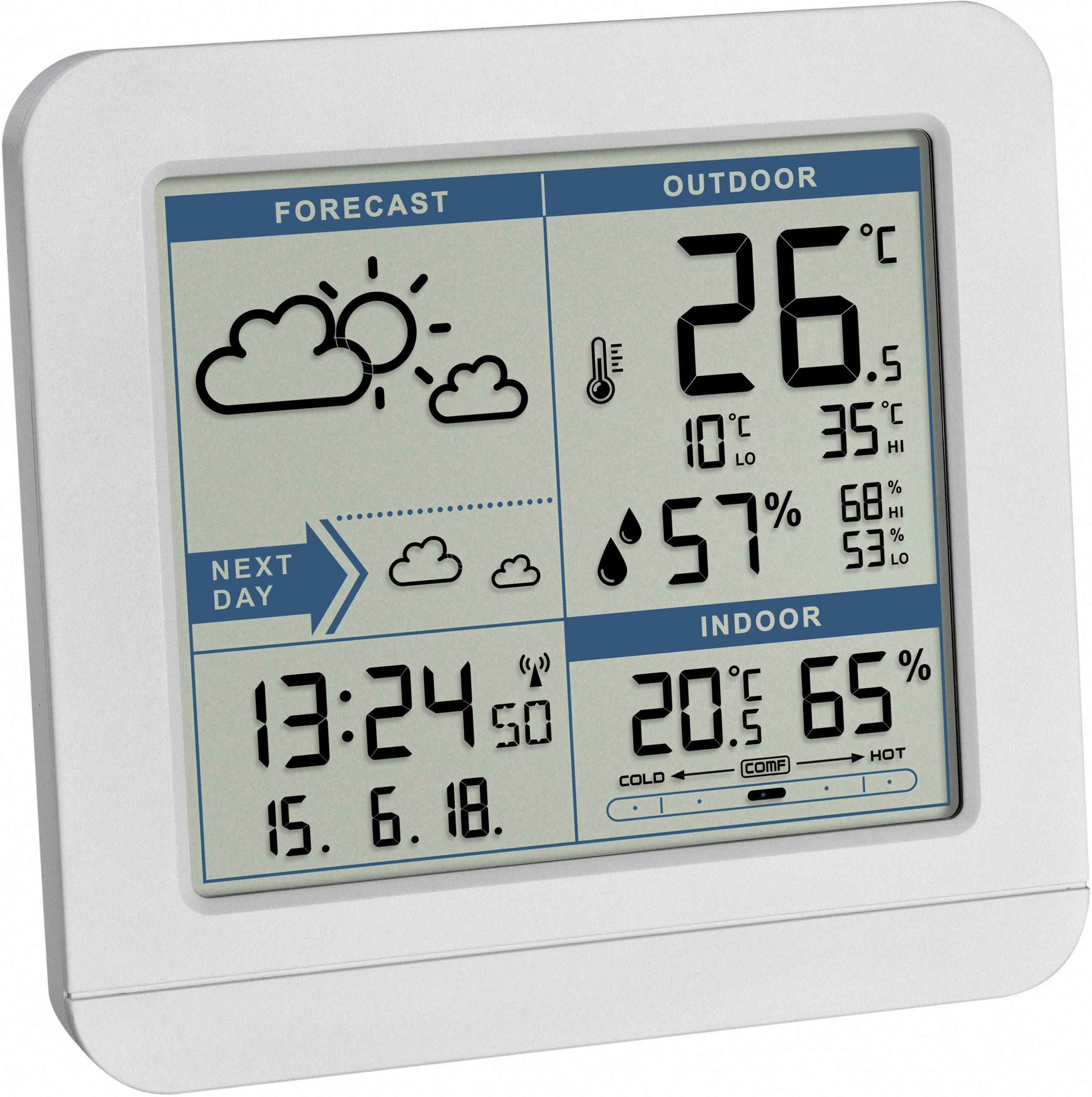 Digital thermometer shows weather forecast, outside temperature 26°C, indoor temperature 20°C, and humidity 57% outside, 65% inside.