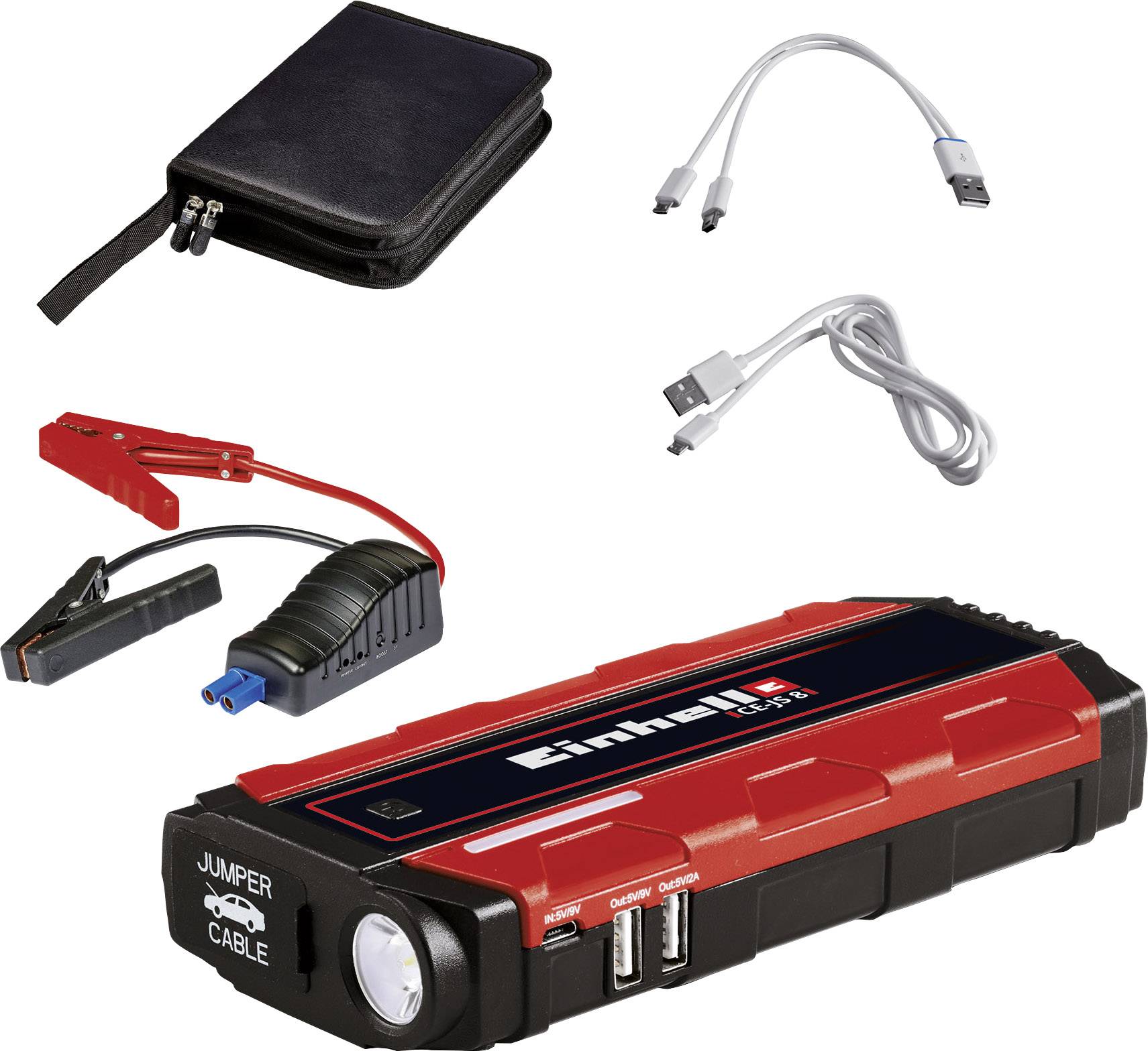 Compact jump starter with cable, charging leads, and carry case. It provides mobile power supply for vehicles and electronic devices.