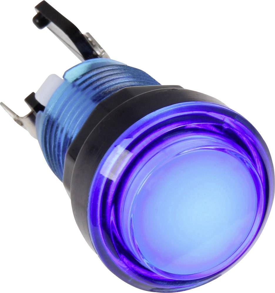 A luminous blue button with a metallic ring, suitable for electronic devices or machine control.