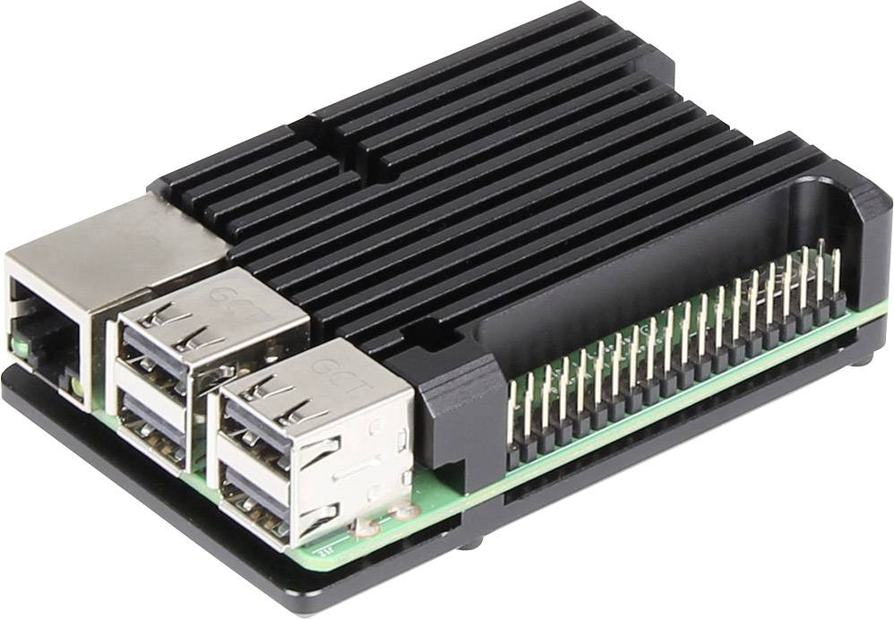 A single-board computer with multiple USB ports, an Ethernet port and pin header. Dark heatsink mounted on top.