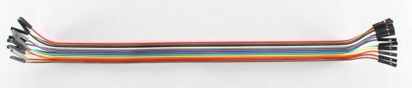 Ten colourful, parallel jumper cables with connectors at both ends, commonly used for electronic circuit projects.