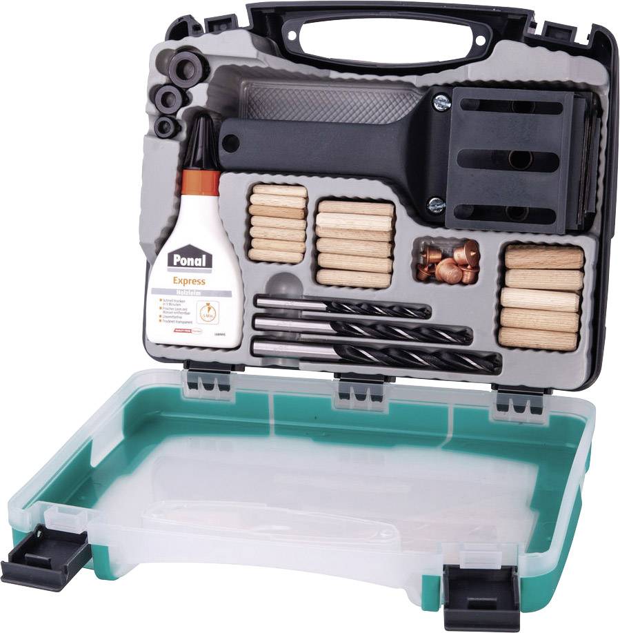 Opened toolbox with wooden dowels, drill bits, glue bottle and spacer.