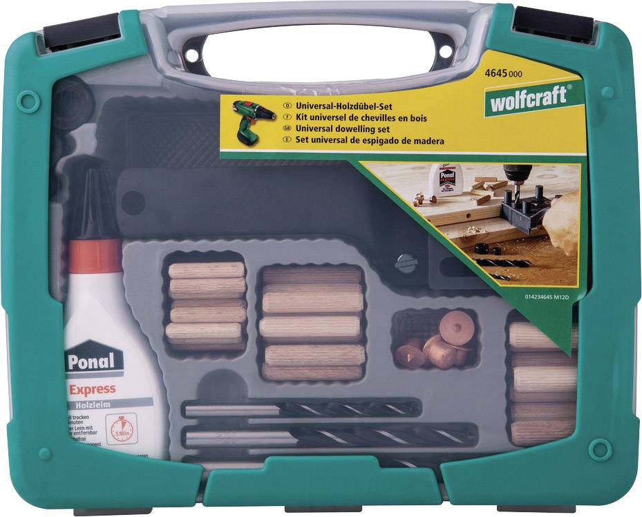'Wolfcraft Universal Wooden Dowel Set' in a green case with Ponal wood glue, wooden dowels and drill bits, suitable for woodworking.