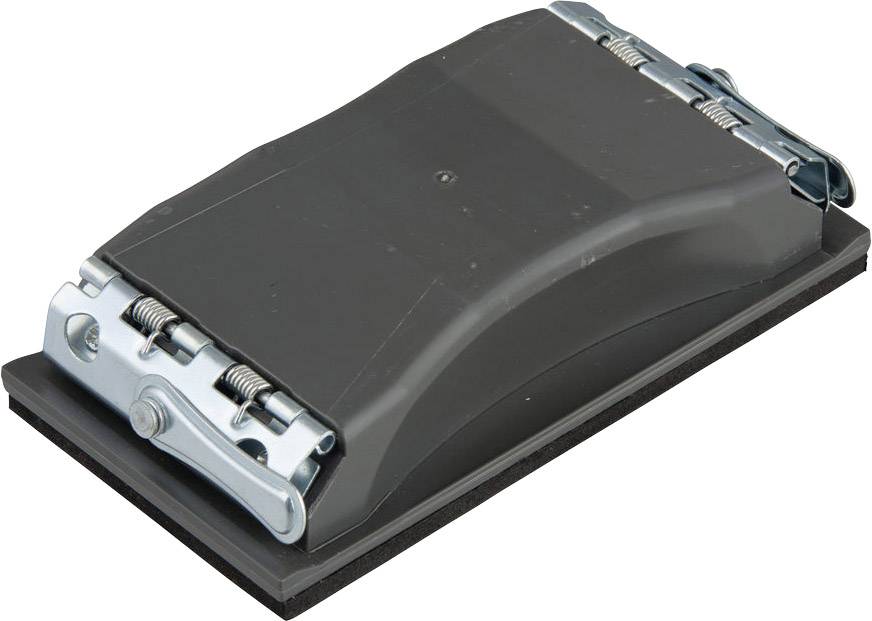 A black hand sanding block with metallic clips at both ends, suitable for holding sandpaper for manual sanding.