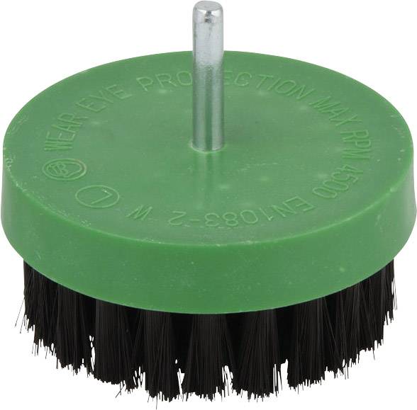 'Circular wire brush with green plastic head and metal pin, bristles at the bottom. Inscription: 