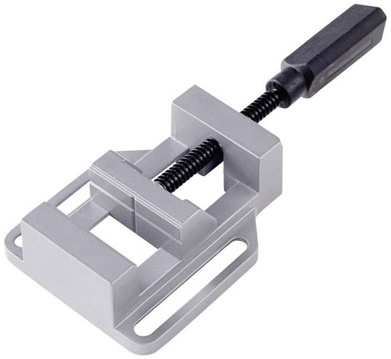 Grey metal vice on a white background. An adjustment crank is visible. A tool for securing objects.