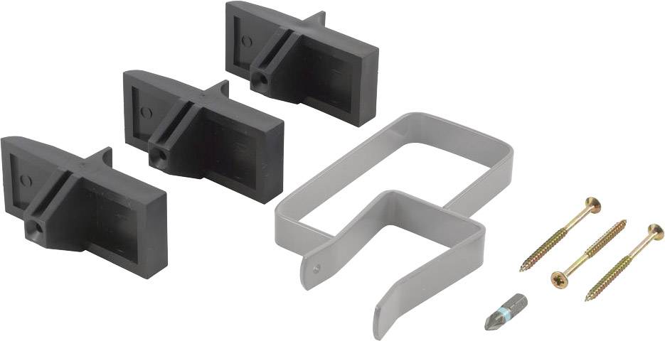 Three black wall brackets, one grey metal bracket, three screws and a screw attachment on a white background.