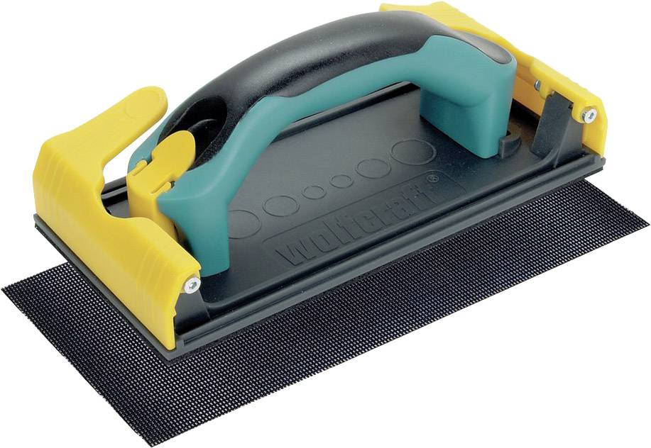 Manual sanding device with an ergonomic handle and rectangular sanding pad, suitable for surface processing.