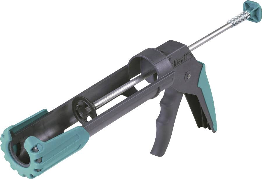 A blank cartridge gun with a grey and turquoise handle. It is used for applying sealant or adhesive.