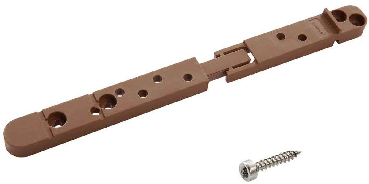 A brown plastic door or window stopper with multiple screw holes is shown next to a silver screw.