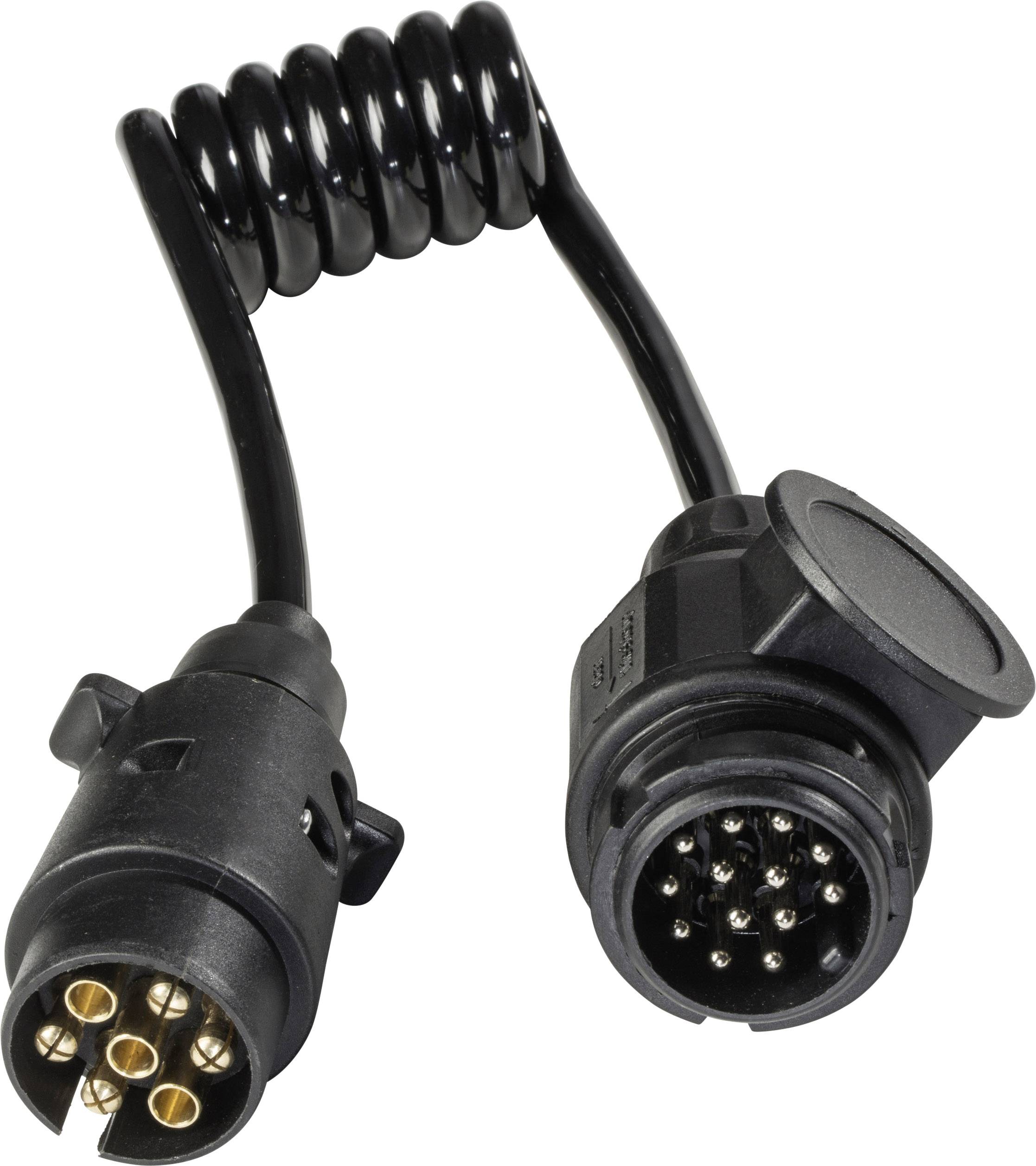 Spiral cable with a 7-pin plug, commonly used for car trailers. Shows connection and wiring details.