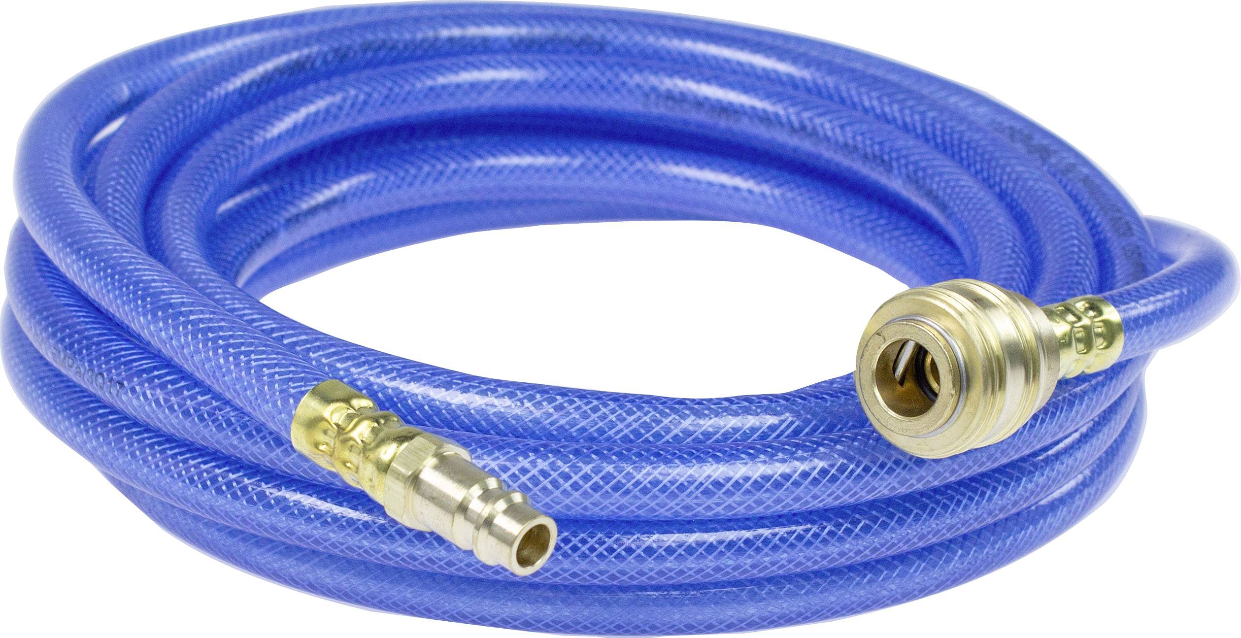 Blue air hose with metal couplings at both ends, suitable for use in workshops or industrial environments.