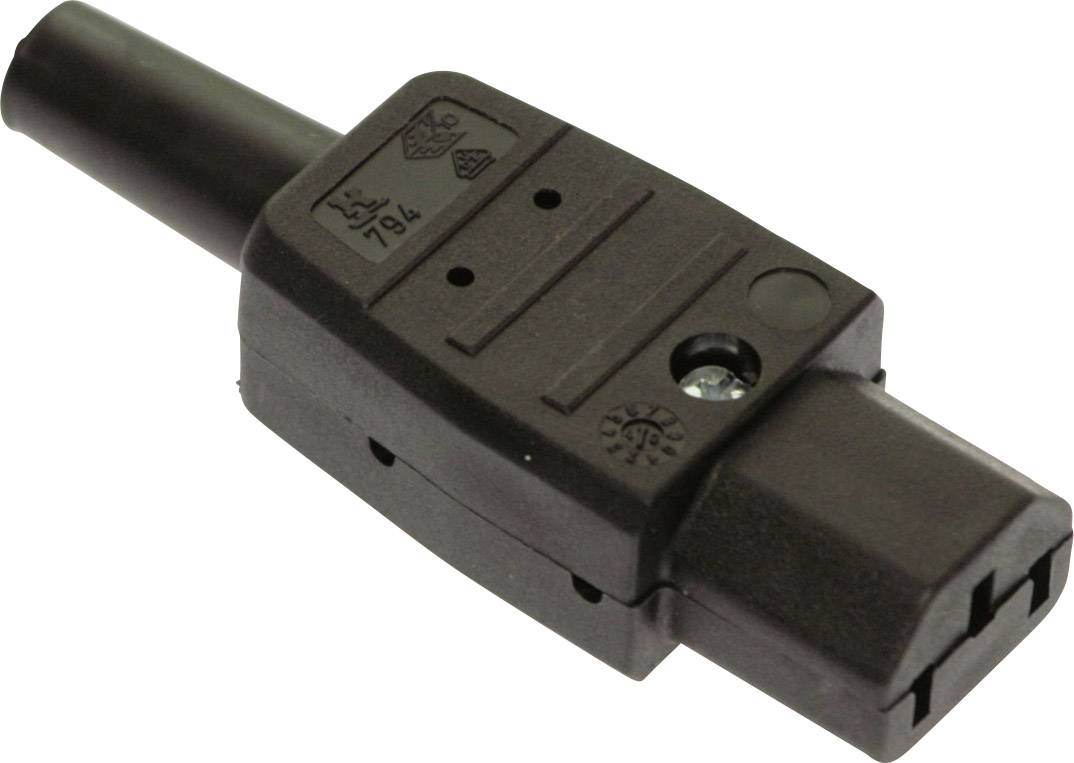 Black plastic electrical plug with a rectangular shape and three connections, suitable for device connections.