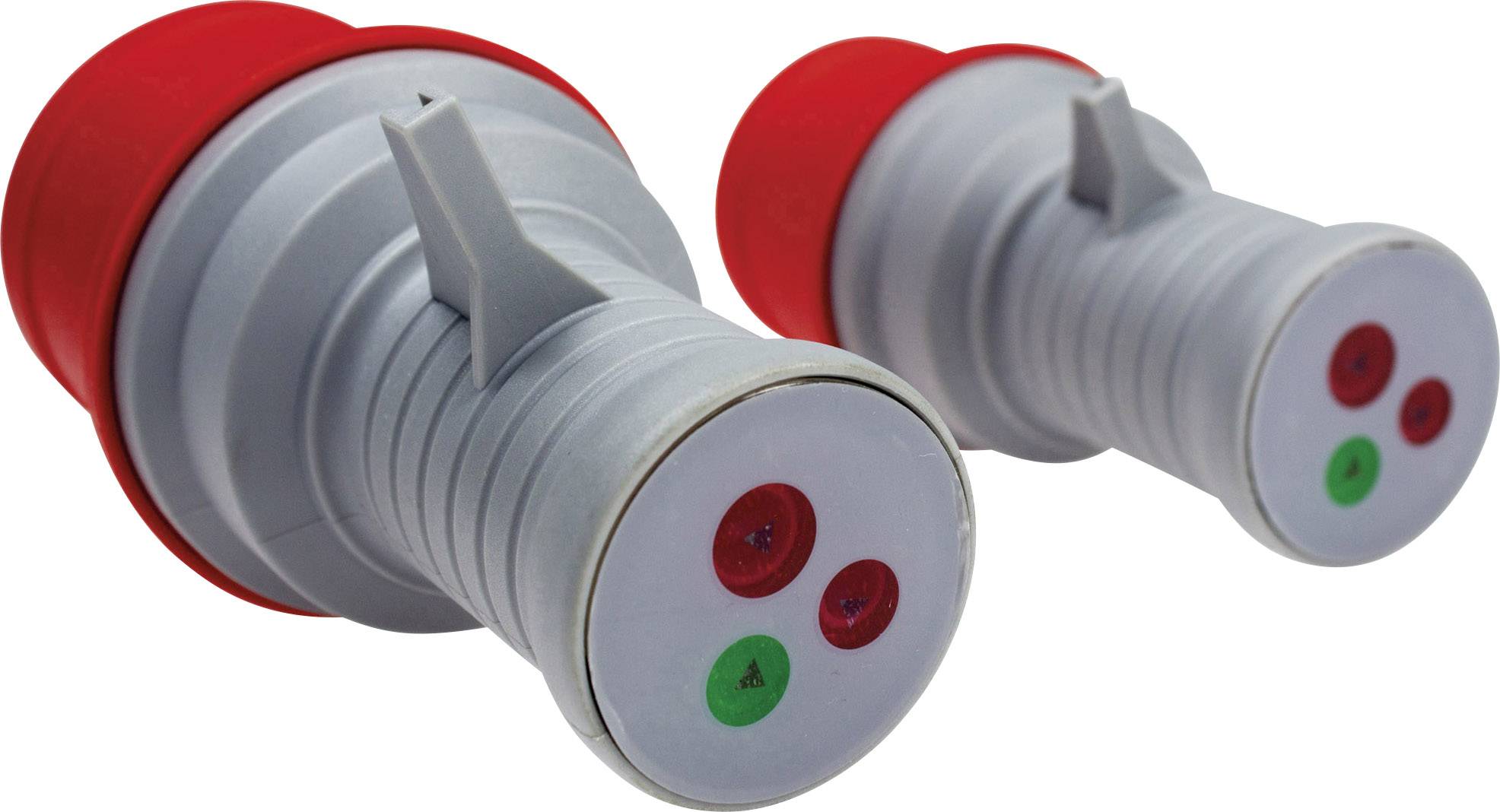 Two grey and red satellite LNBs side by side, with three colourful connectors on the front.