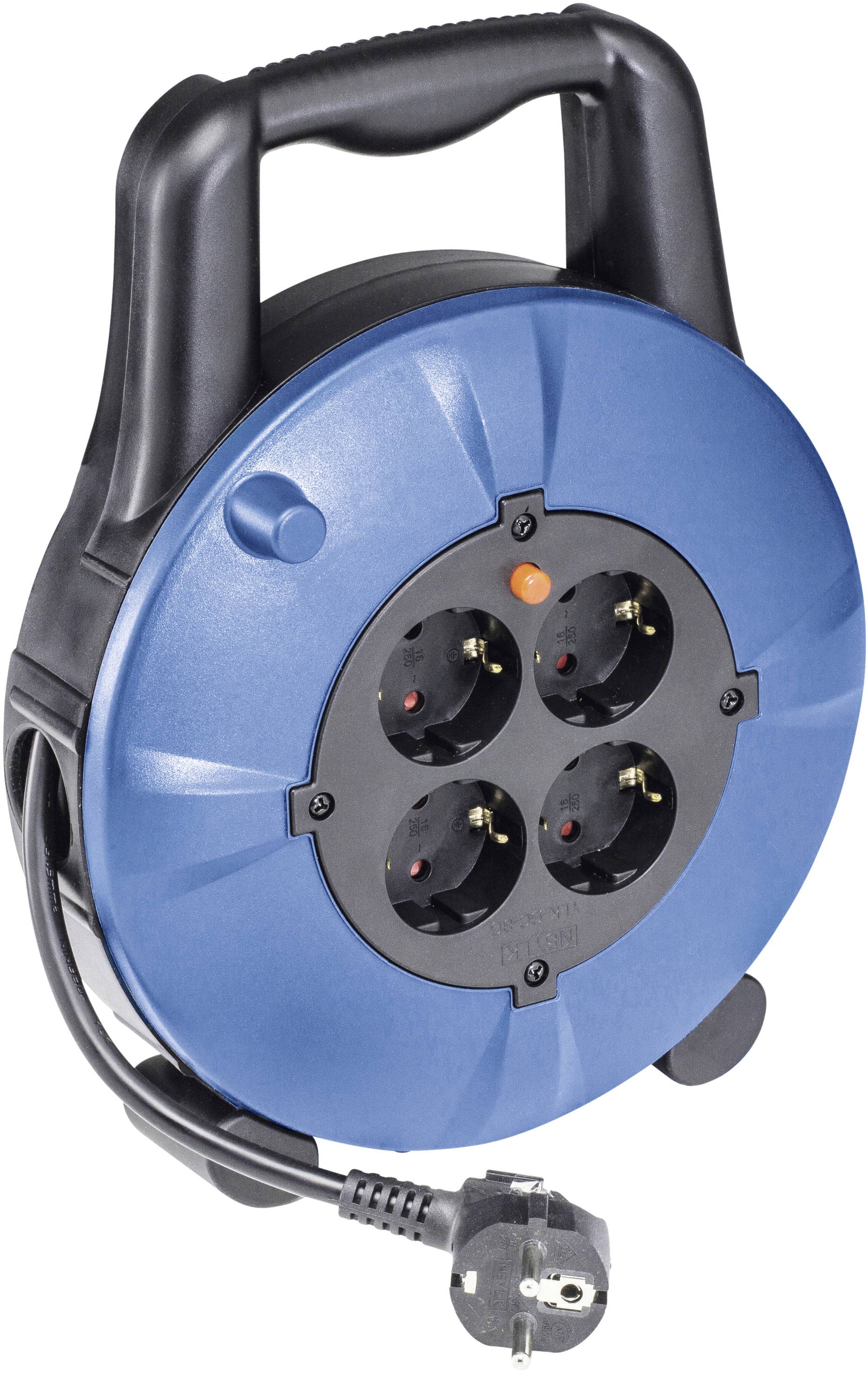 Blue cable reel with four black sockets and black power cable, suitable for indoor use.