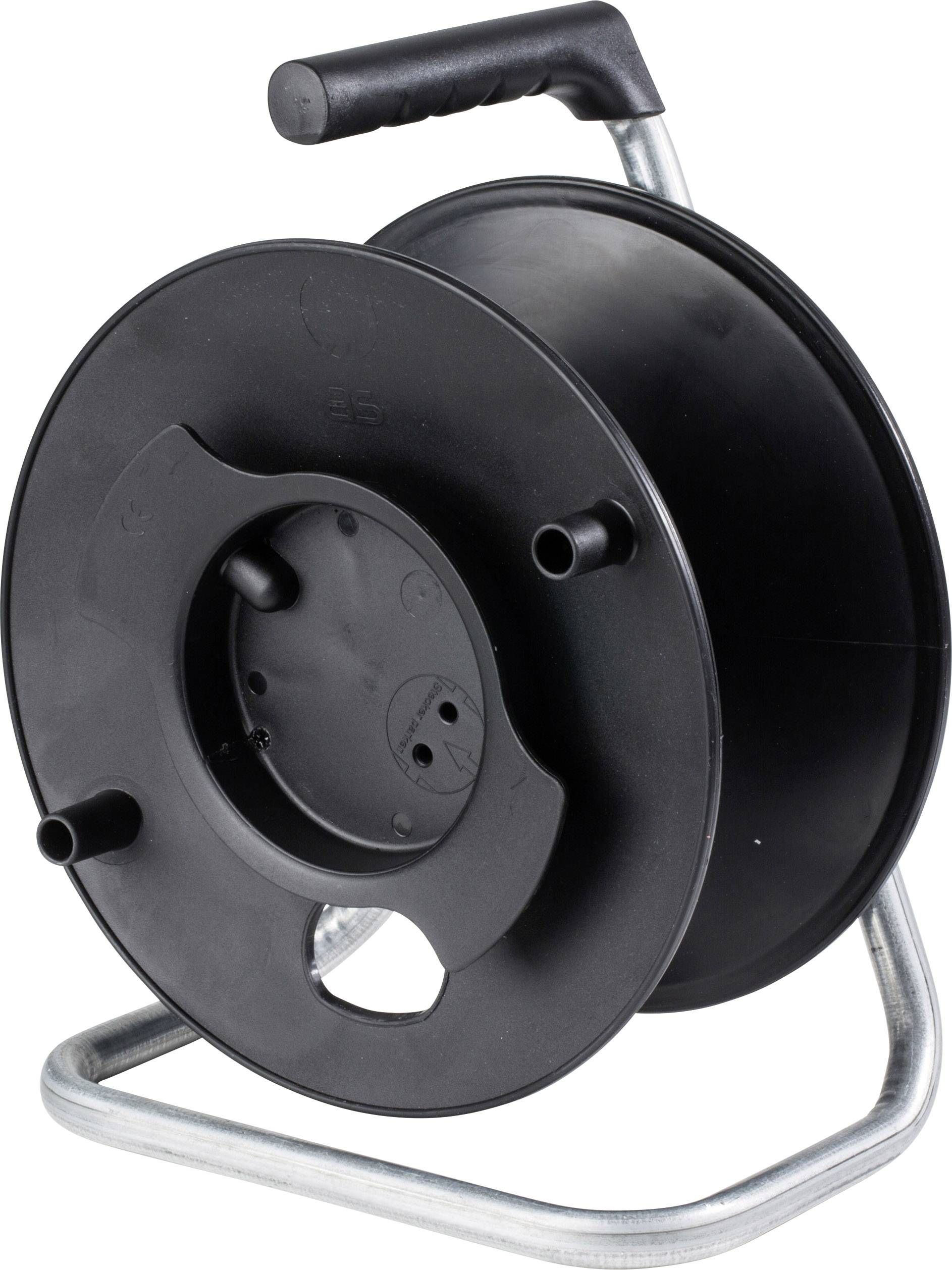 A black, empty plastic cable drum with a metal frame and handle, sits on a white surface.