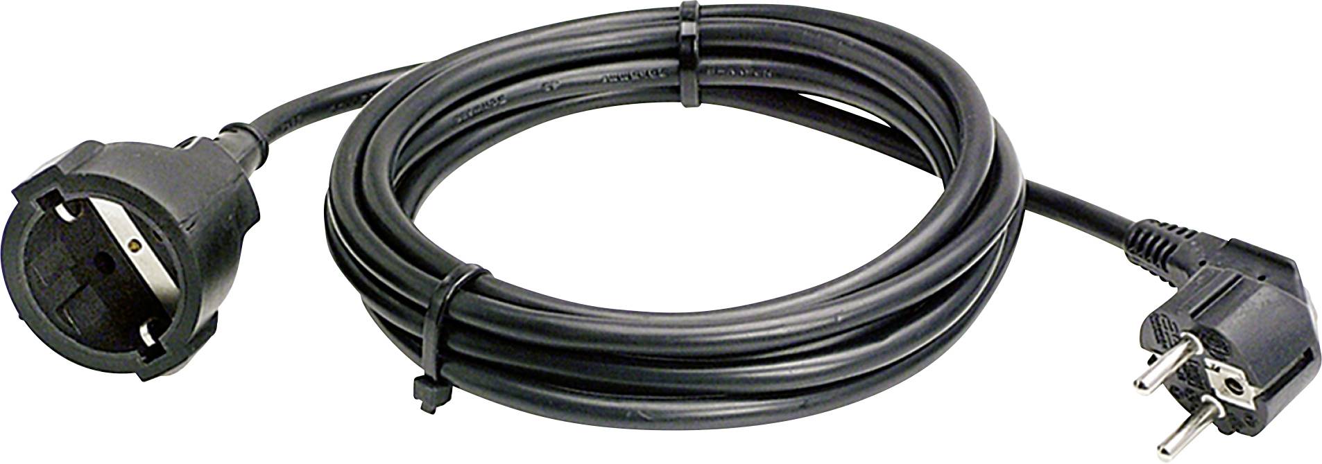 Black extension lead with a socket on one end and a plug on the other. Suitable for European power sockets.