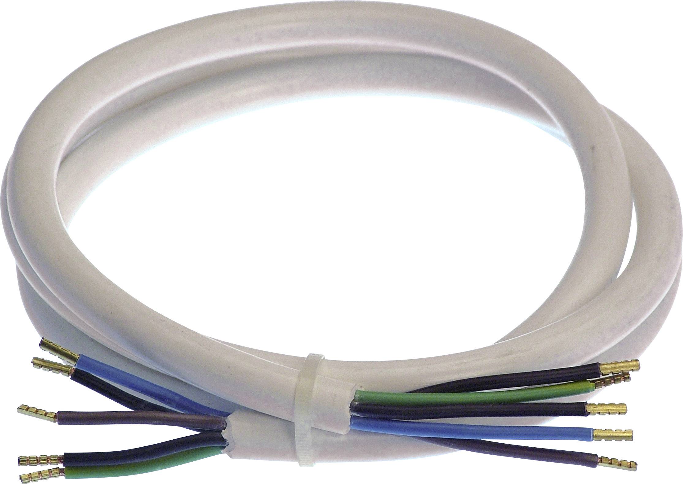 A bundle of multiple electrical cables in a white sheathing. The cable ends are colour-coded and bare.