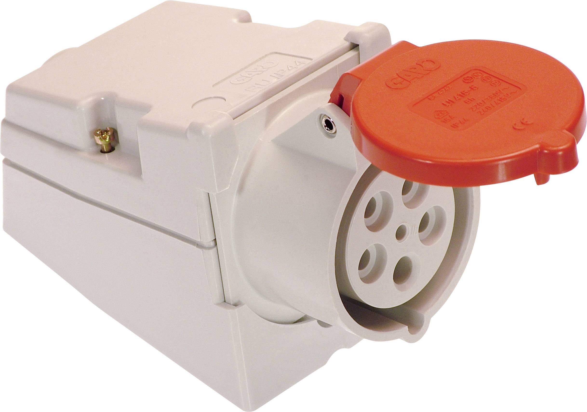 Industrial socket in white with a red protective cover, suitable for heavy electrical equipment.