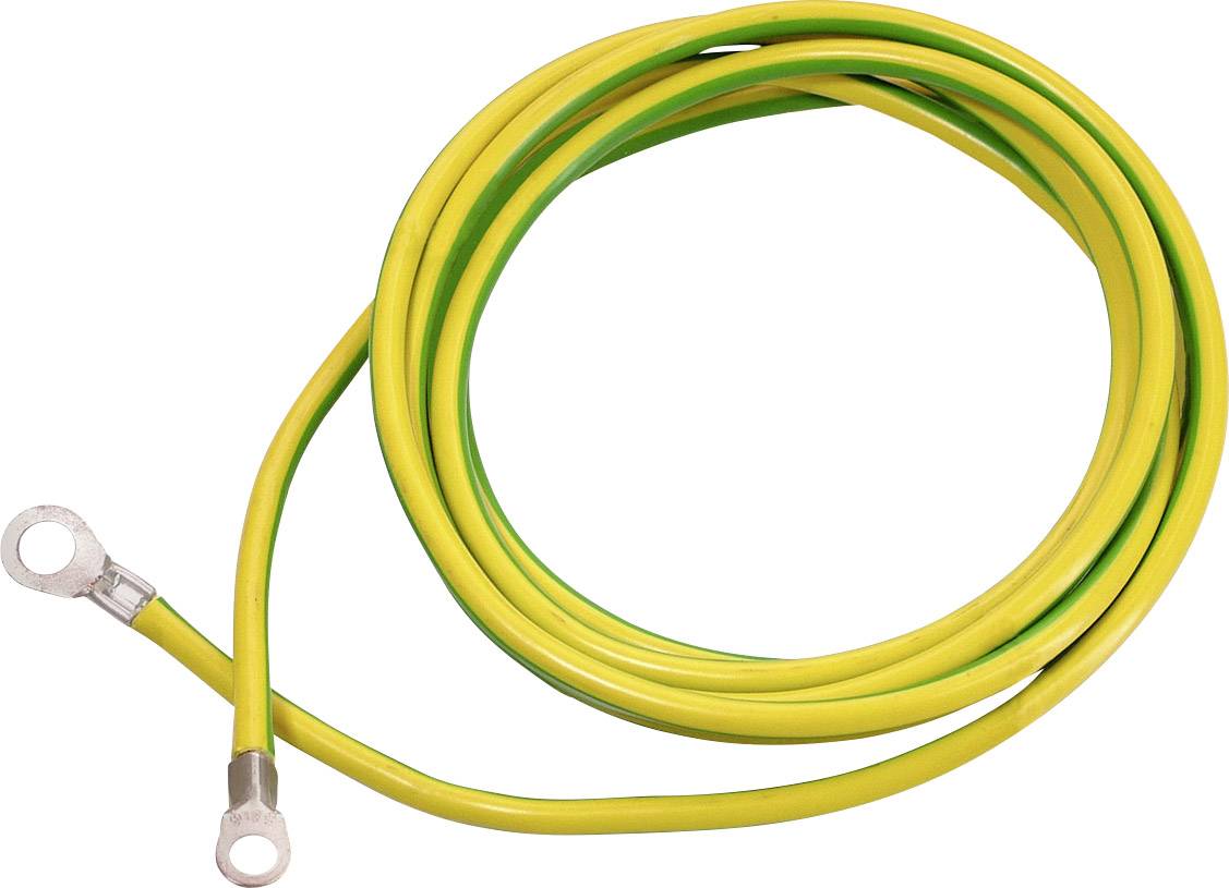 Yellow-green earthing cable with two ring terminals at the ends.
