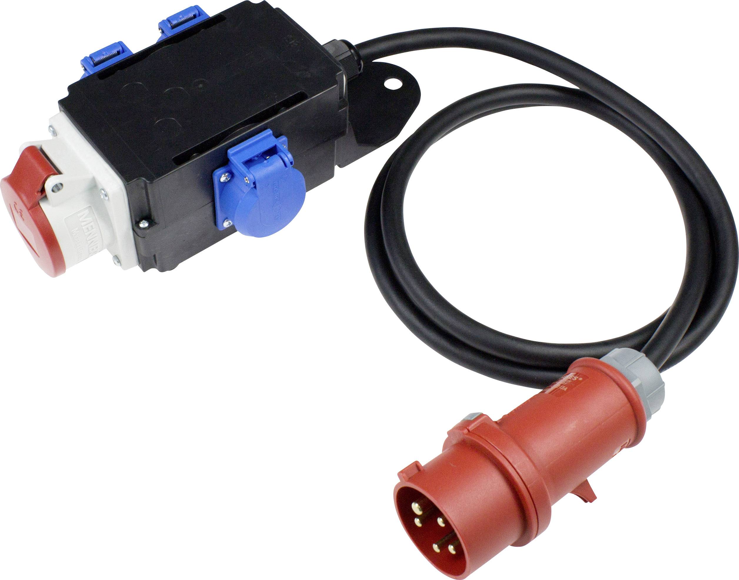 Black electrical connection cable with red and blue sockets, suitable for industrial plants or machinery.