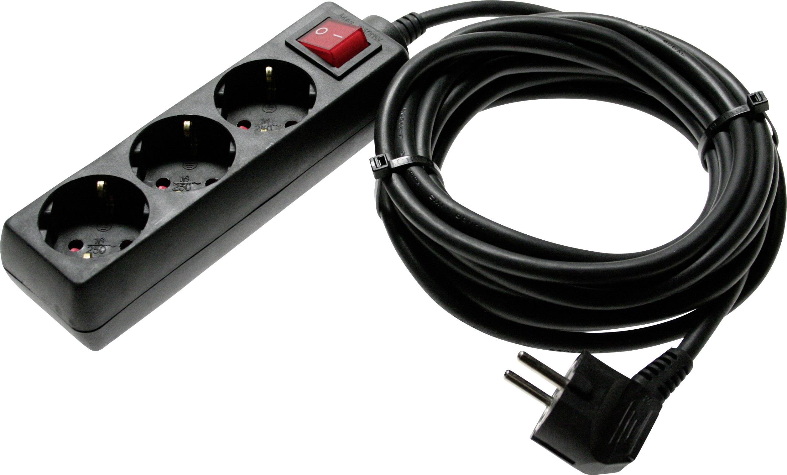 A black three-socket extension lead with a red on/off switch and a long cable, suitable for European power sockets.