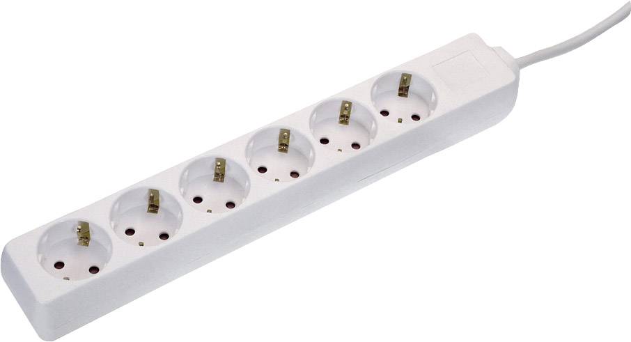 A white, six-socket extension lead with power cord, suitable for simultaneously connecting multiple electrical devices.