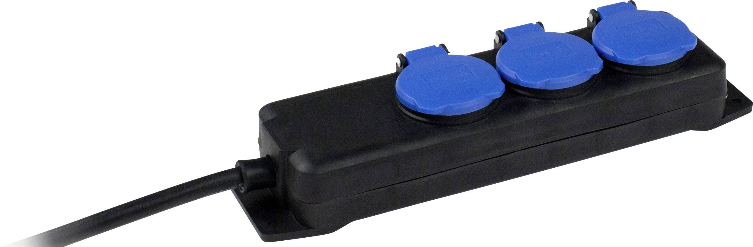 Triple socket strip with black casing and blue covers.