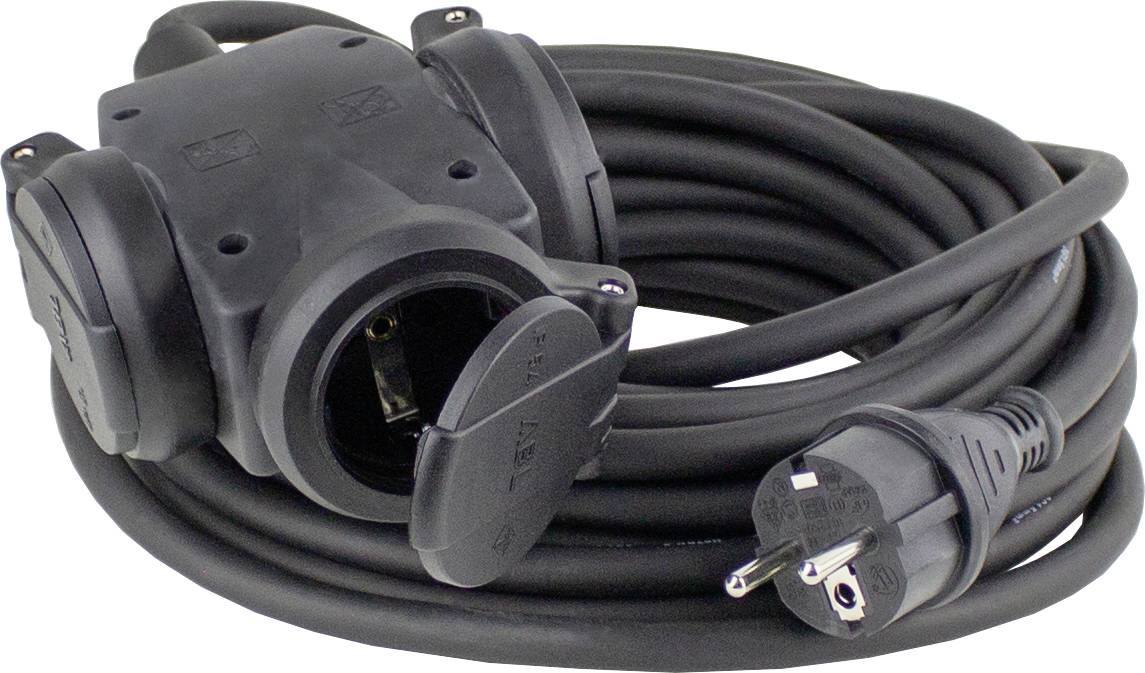 Black extension cable reel with three plug sockets and a Schuko plug. Ideal for use indoors and outdoors.