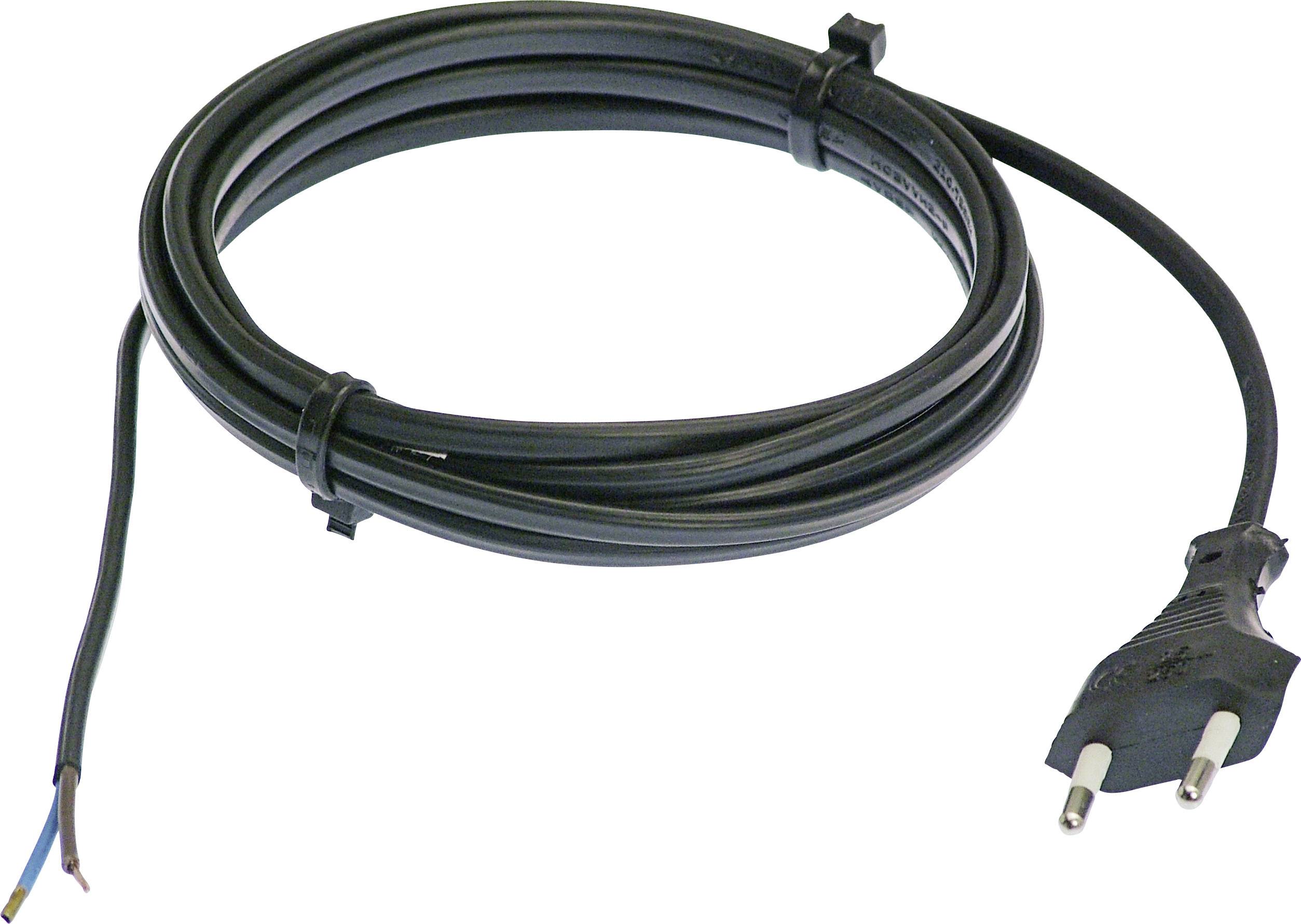 A black power cable with a Euro plug at the right end and exposed wires at the left end, coiled and secured with cable ties.