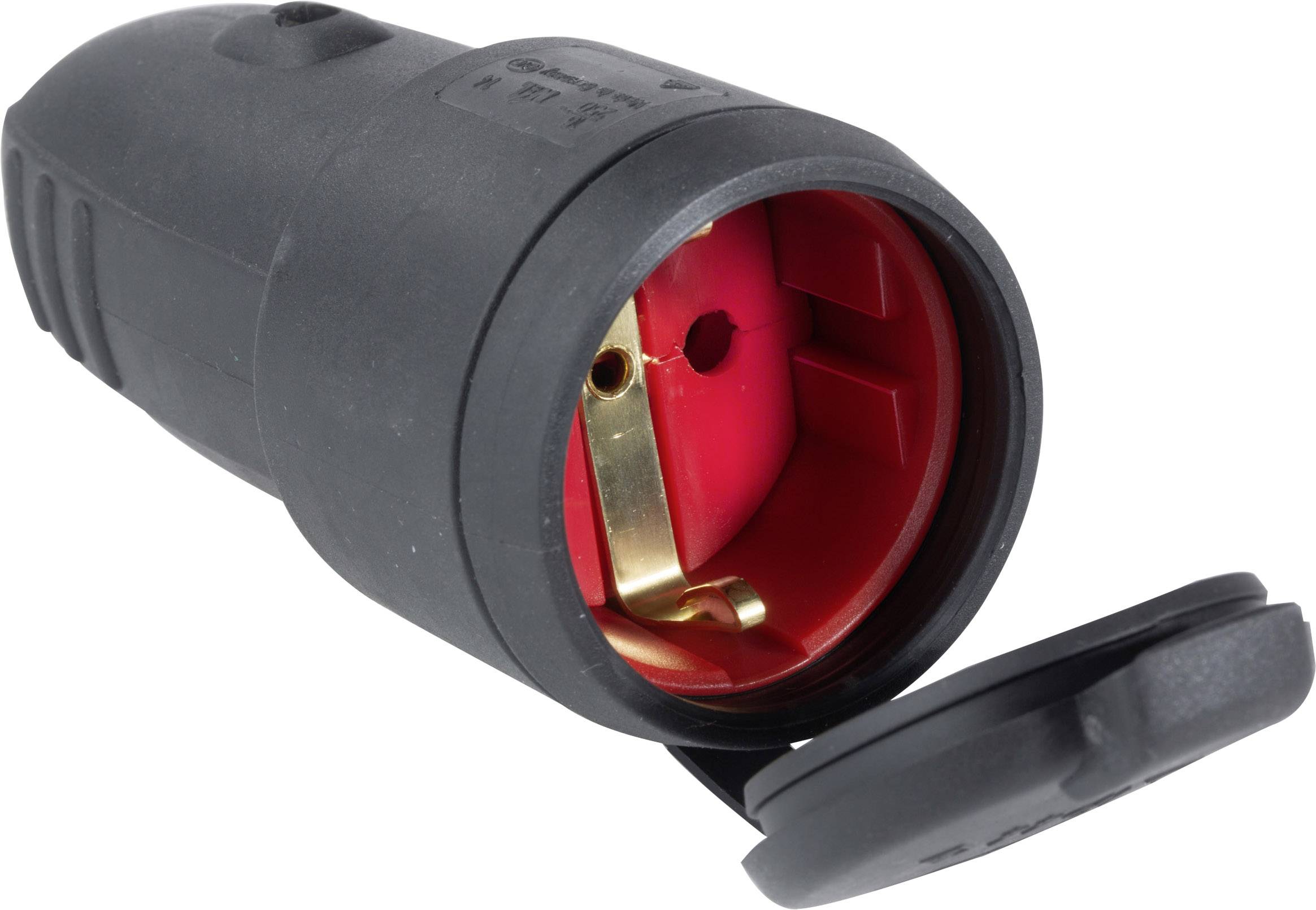 Black, cylindrical plug with a red interior and two metal contacts. Lid opened, revealing connection area.