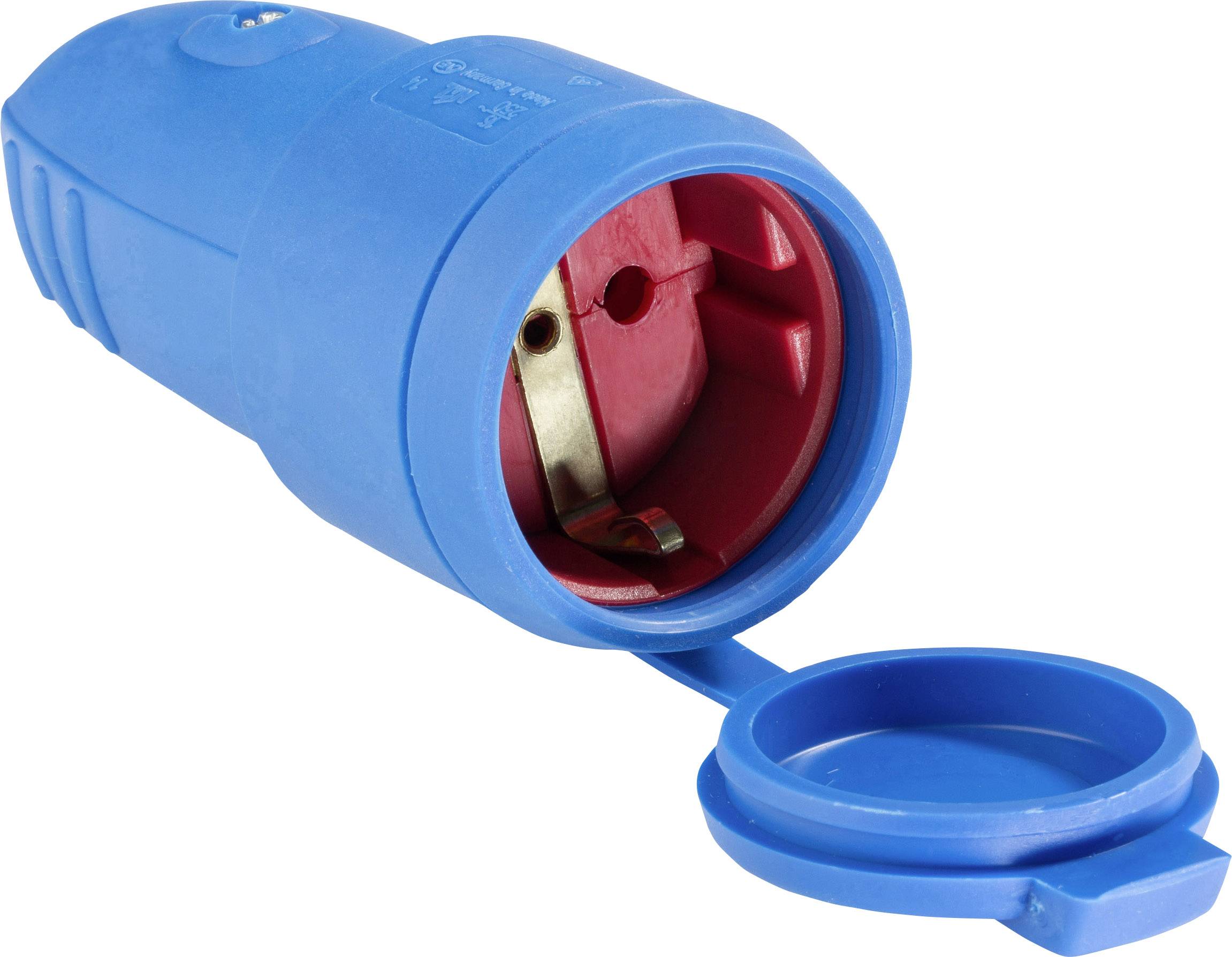 Blue, round protective contact coupling with protective cap, suitable for electrical connections in industrial or construction environments.
