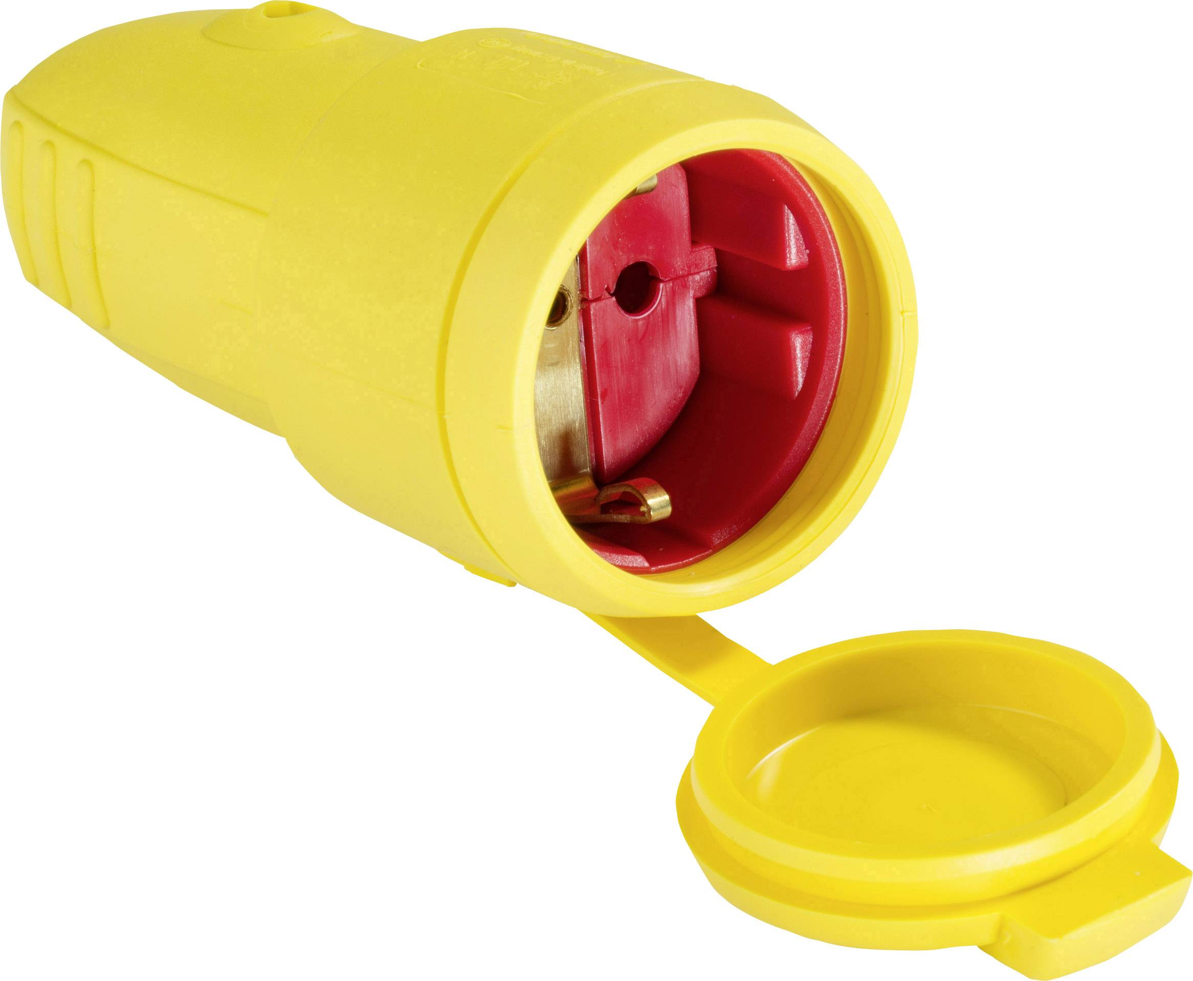 Yellow socket adapter with open lid, showing a red interior view with metal contact pins.