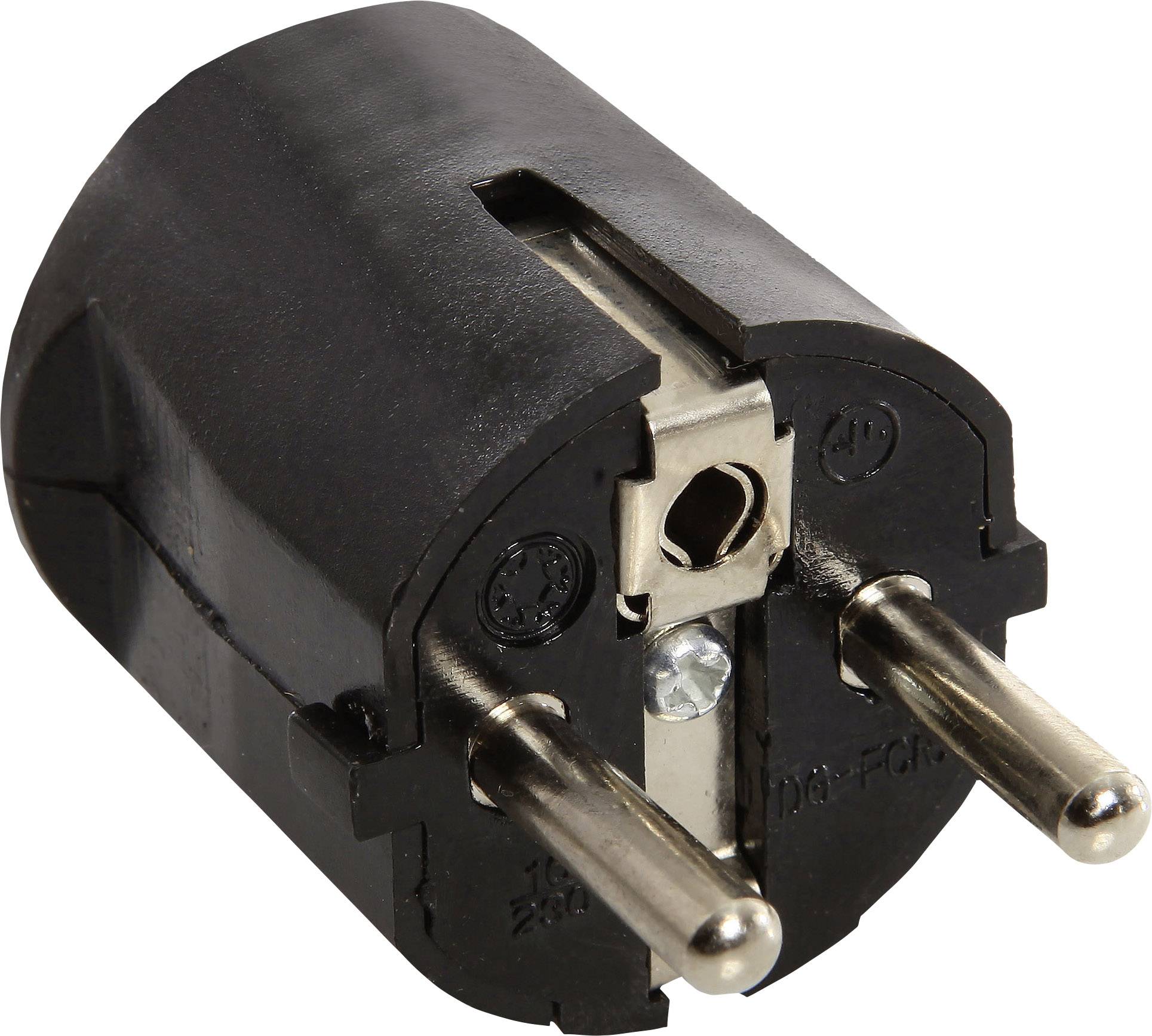 A black Euro plug adapter with two metal pins.