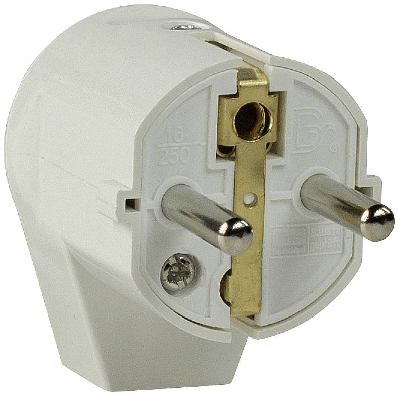 White Schuko plug with two metal pins emerging from a plastic housing, suitable for European power sockets.