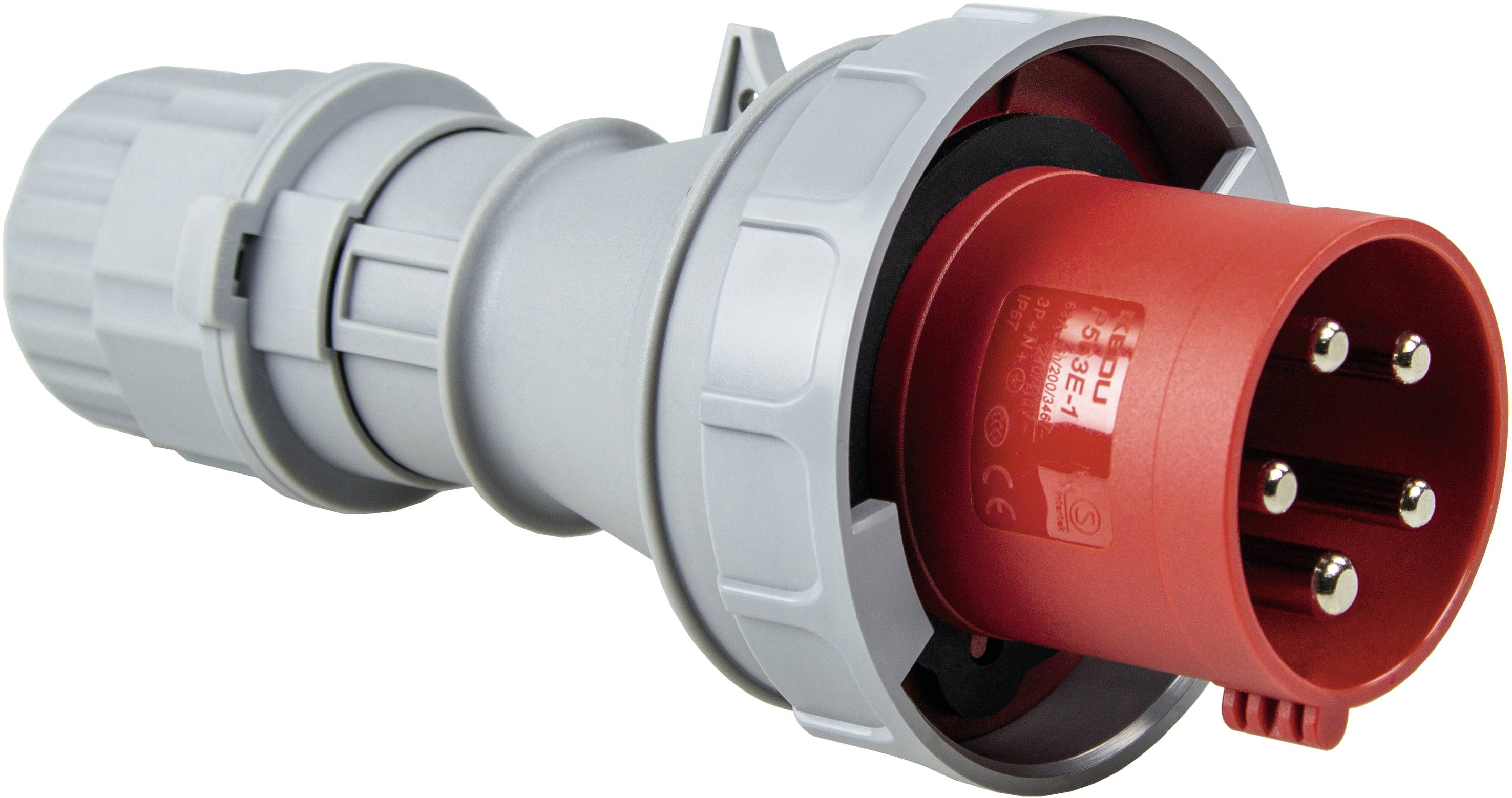 Red three-pin high-current plug made of plastic casing, suitable for industrial equipment, with grey ring for secure connection.