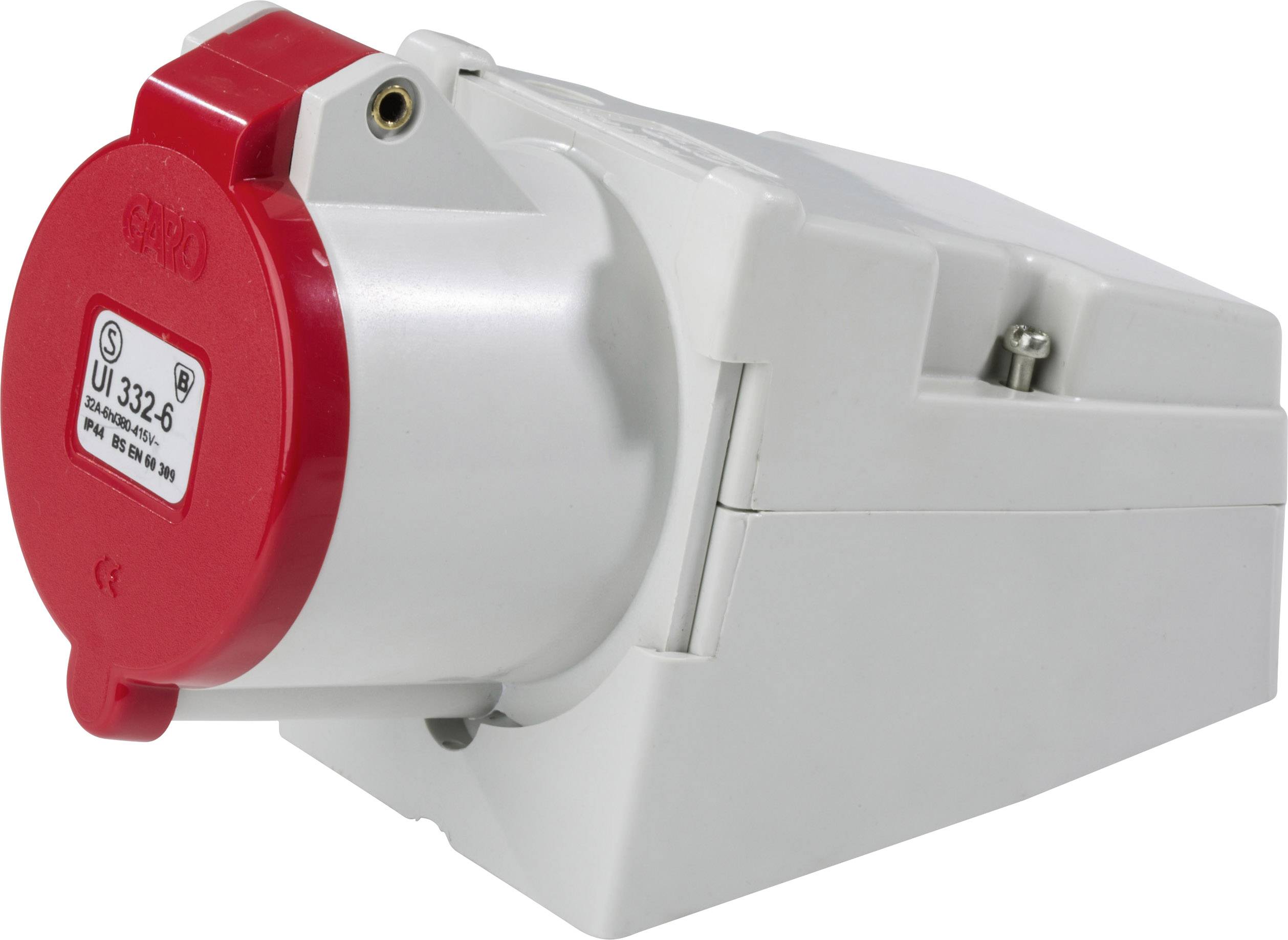 Electrical wall socket with a red cover and 'UI 332-6' label, mounted on a white housing.