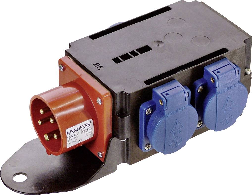 An electrical adapter with a red plug on the left side and two blue sockets on the right side.