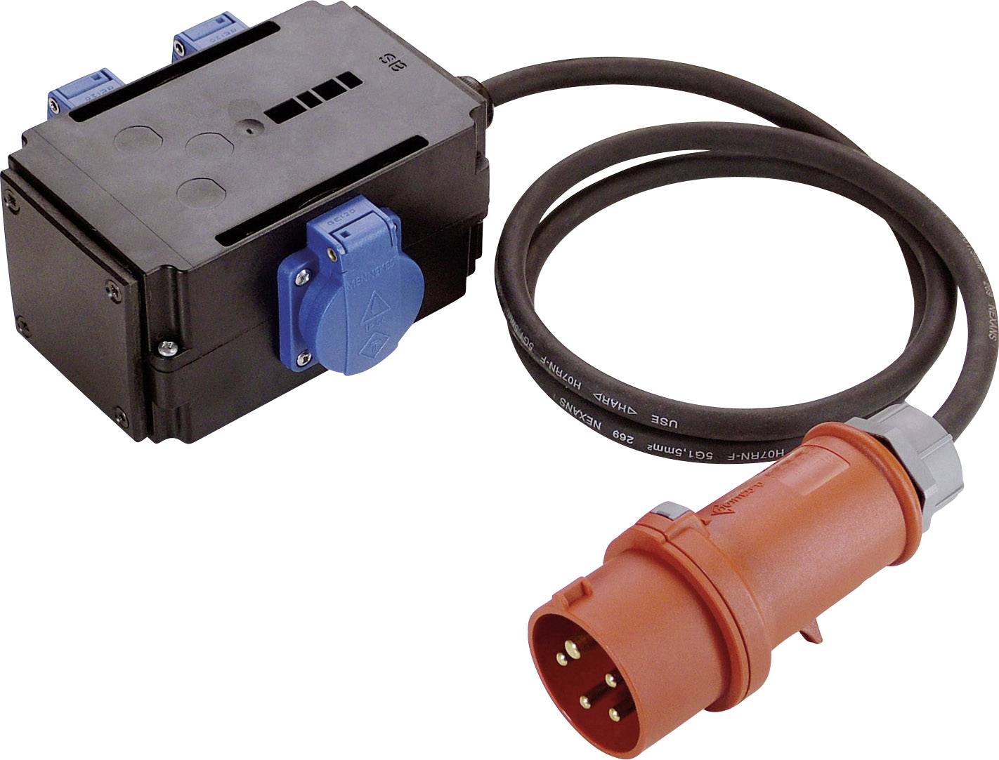 A black adapter with multiple blue sockets and an orange CEE plug, connected by a short cable.