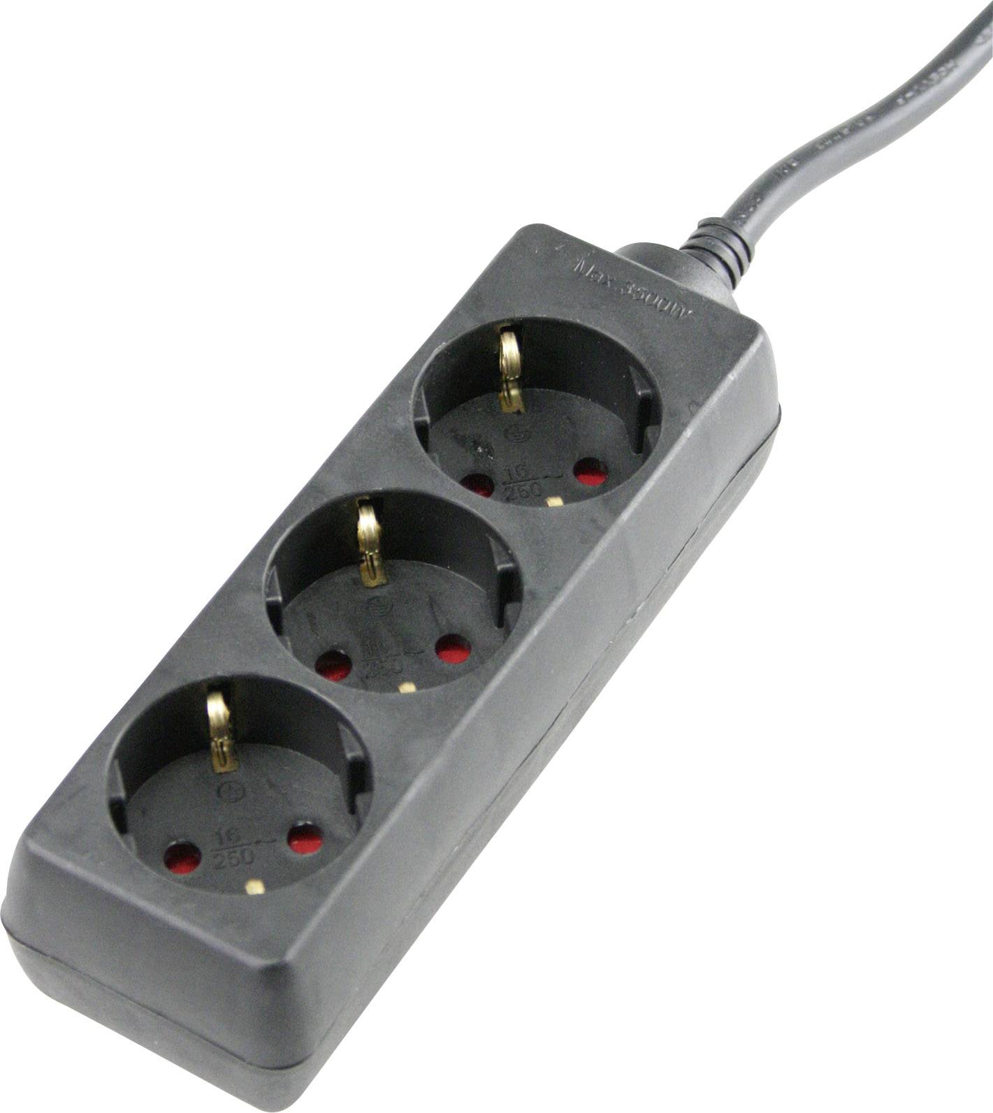 Black multi-socket extension lead with three socket outlets, suitable for European plugs, attached to a black cable.