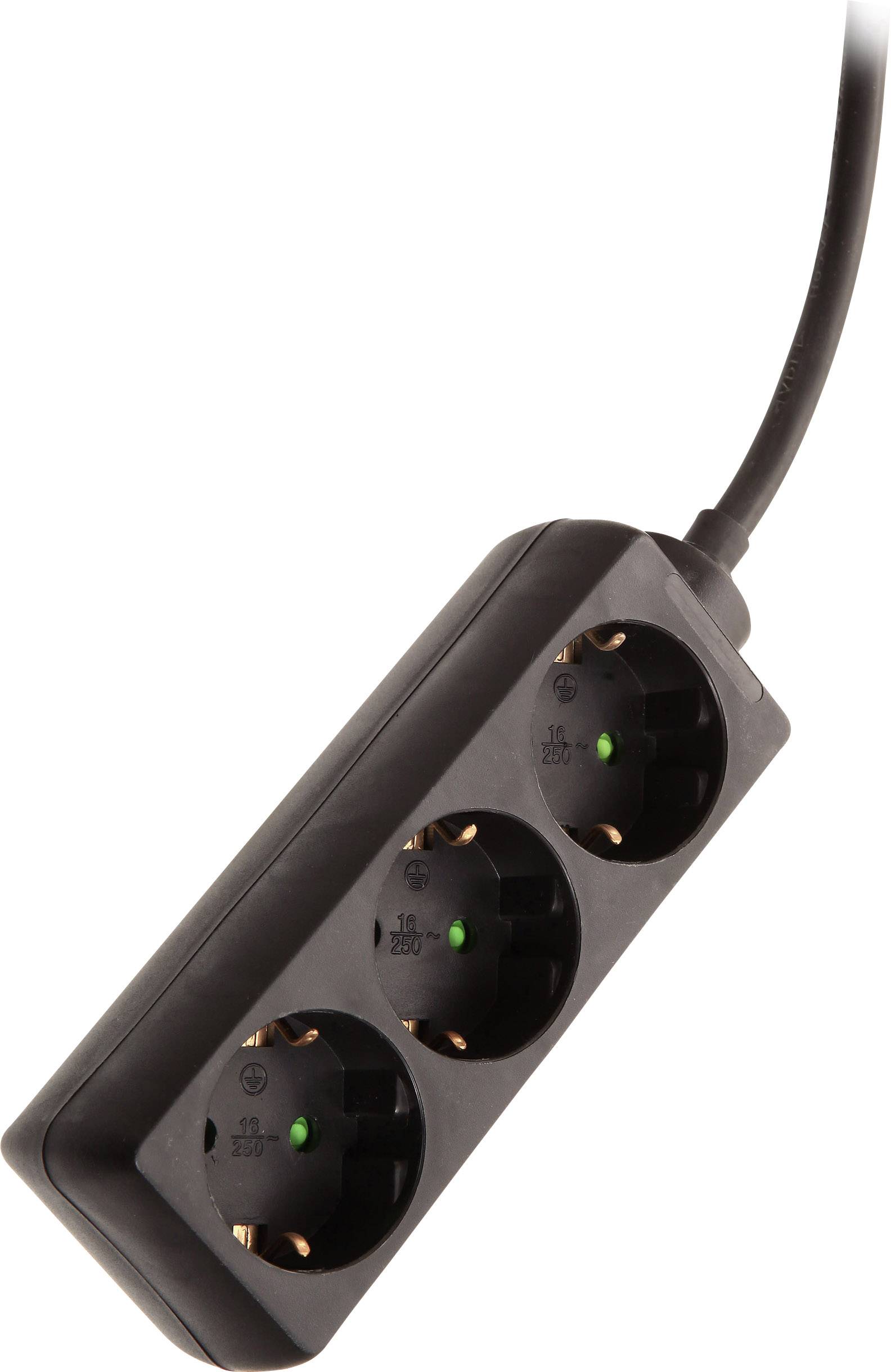 Black triple socket strip with cable, all socket outlets have a green indicator light.