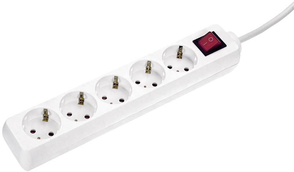 White multi-socket extension lead with five sockets and a red power switch. Ideal for connecting multiple devices.
