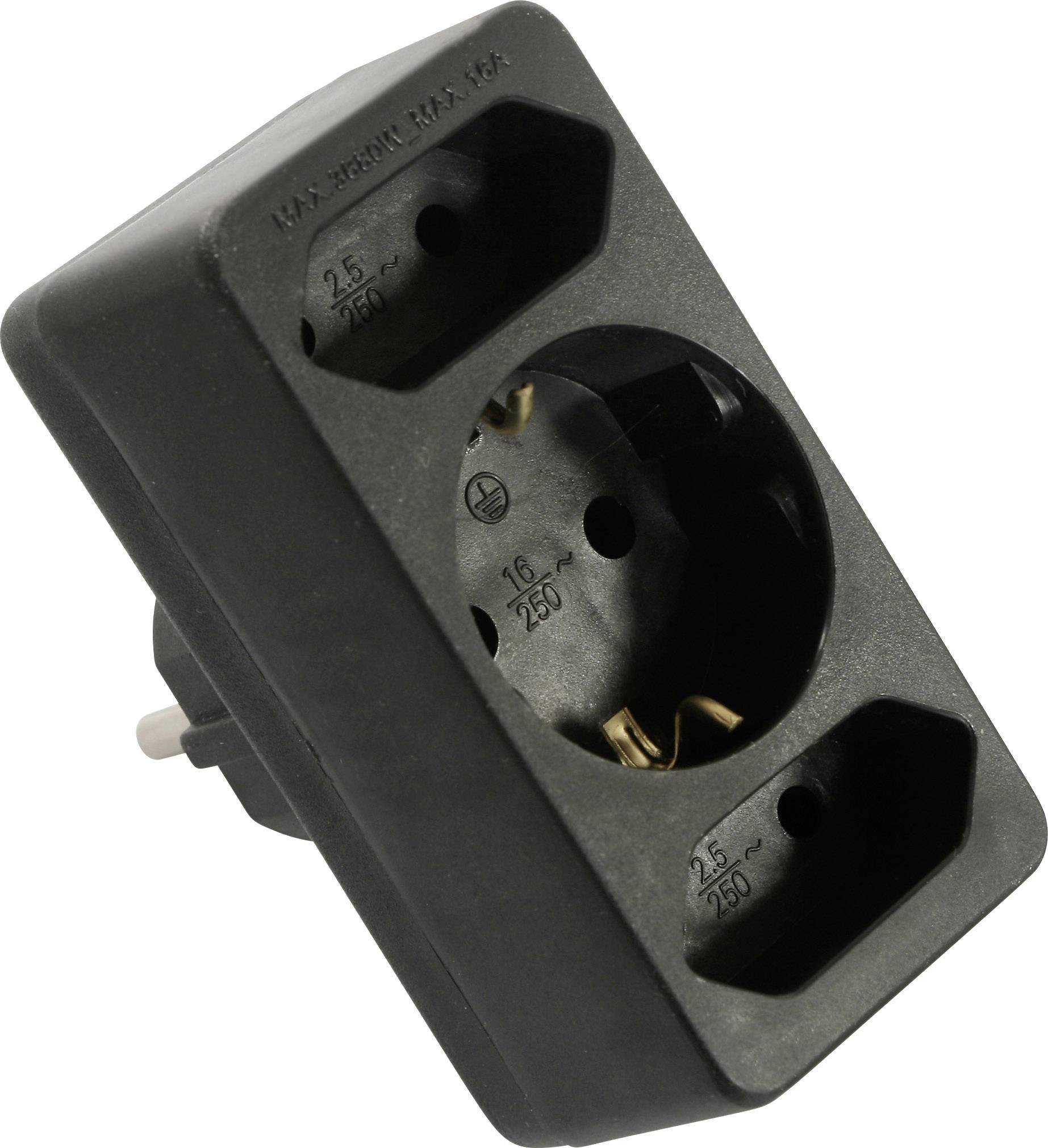 Black, triple socket adapter with one round and two flat sockets, suitable for 250 V, 16 A.