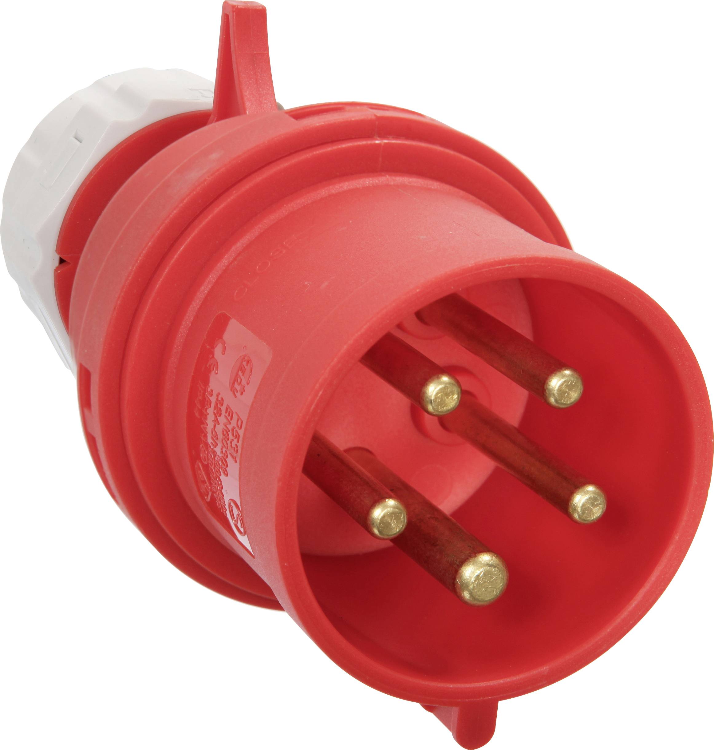 Red industrial plug, three-pole, for high-performance applications in industry or on construction sites.