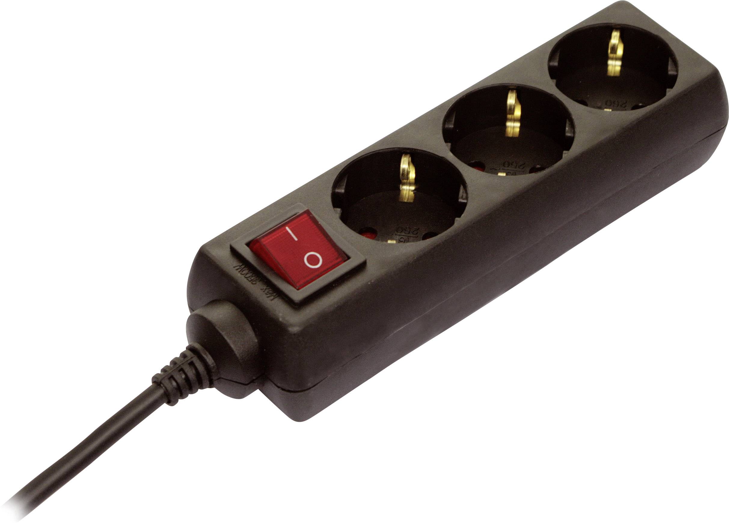 A black multi-socket extension with three plug sockets. On the left is a red rocker switch for turning on and off.