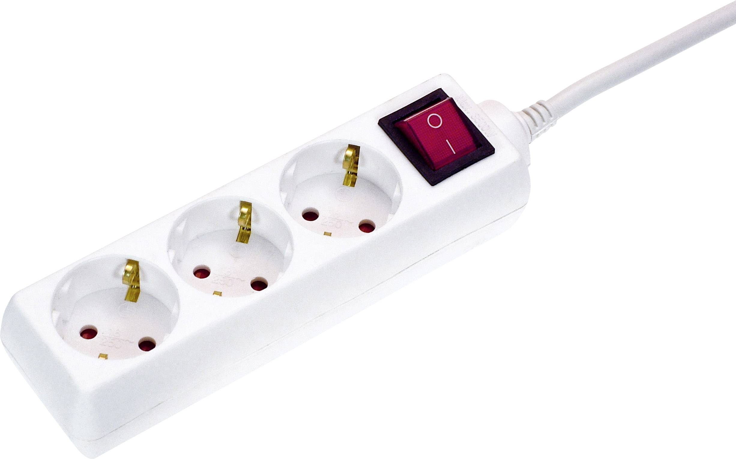 Triple socket extension lead with an on/off switch, suitable for household electronics.