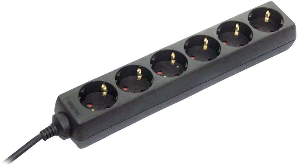 Six-way extension socket with black cable, suitable for powering multiple devices simultaneously.