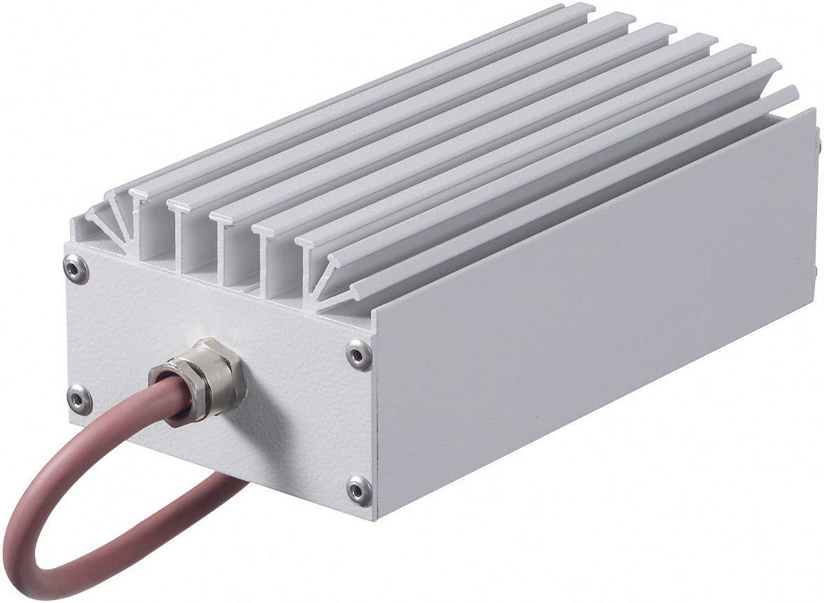 A rectangular electronic resistor with heat sinks and an attached red cable. Serves to dissipate heat in electrical circuits.